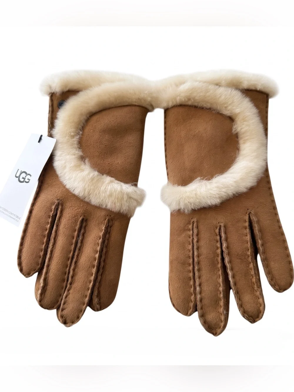 UGG Genuine Shearling Leather Tech Gloves Chestnut Size L NWT